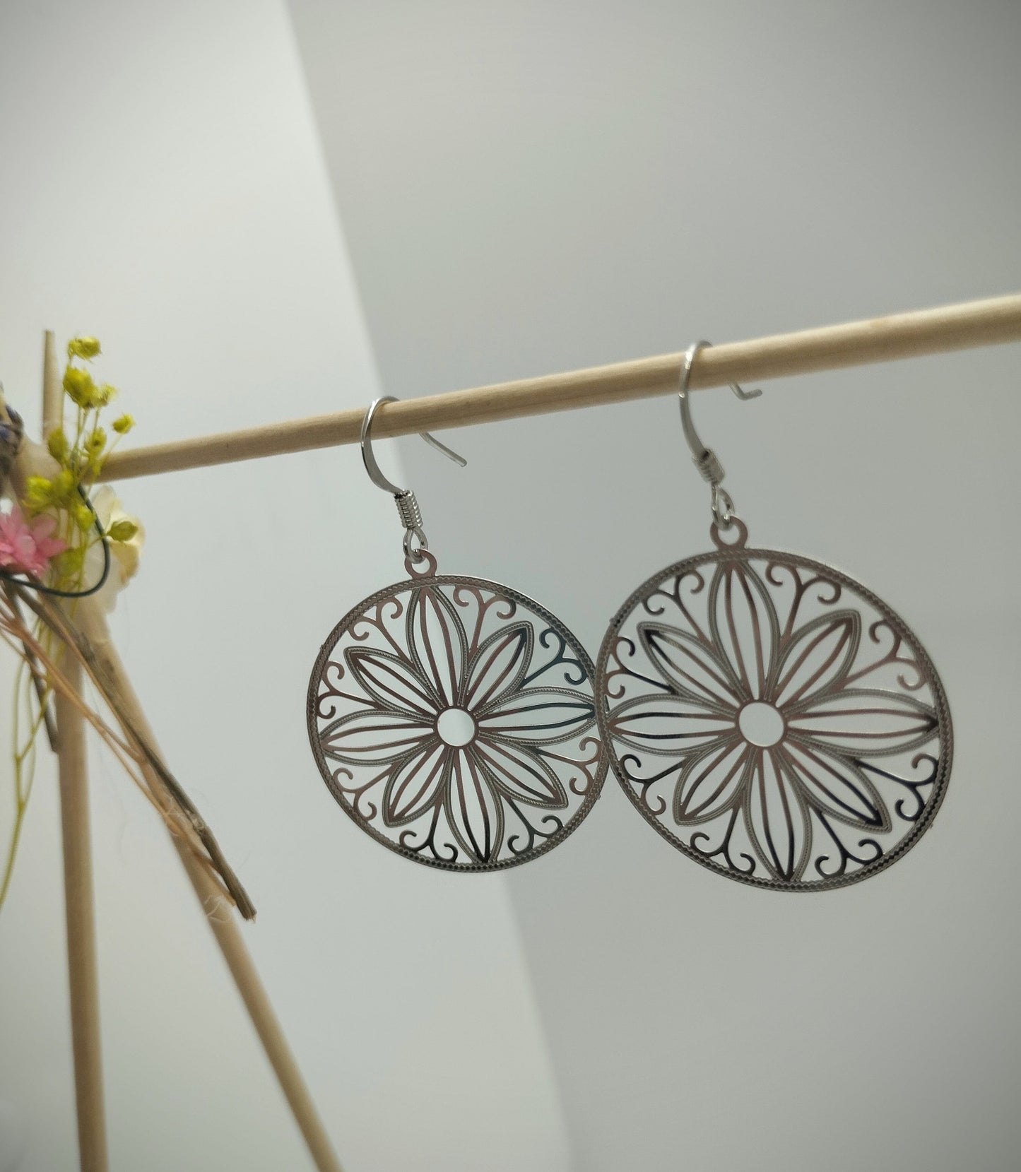 Oorbellenset hanger bloem (zilver /RVS)