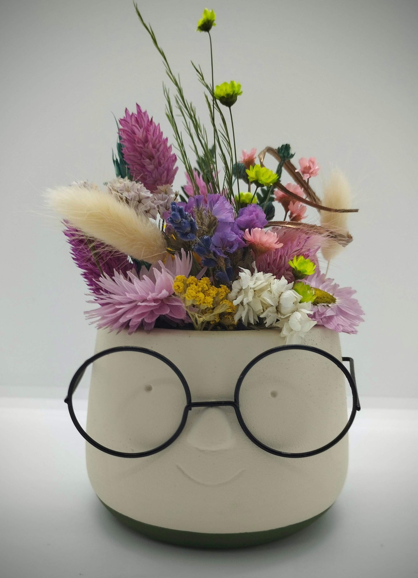 Combipakket: Keramieke vaasje + Decoratieve rechthoekige fotokader + Plantenpotje met gezichtje met droogbloemen