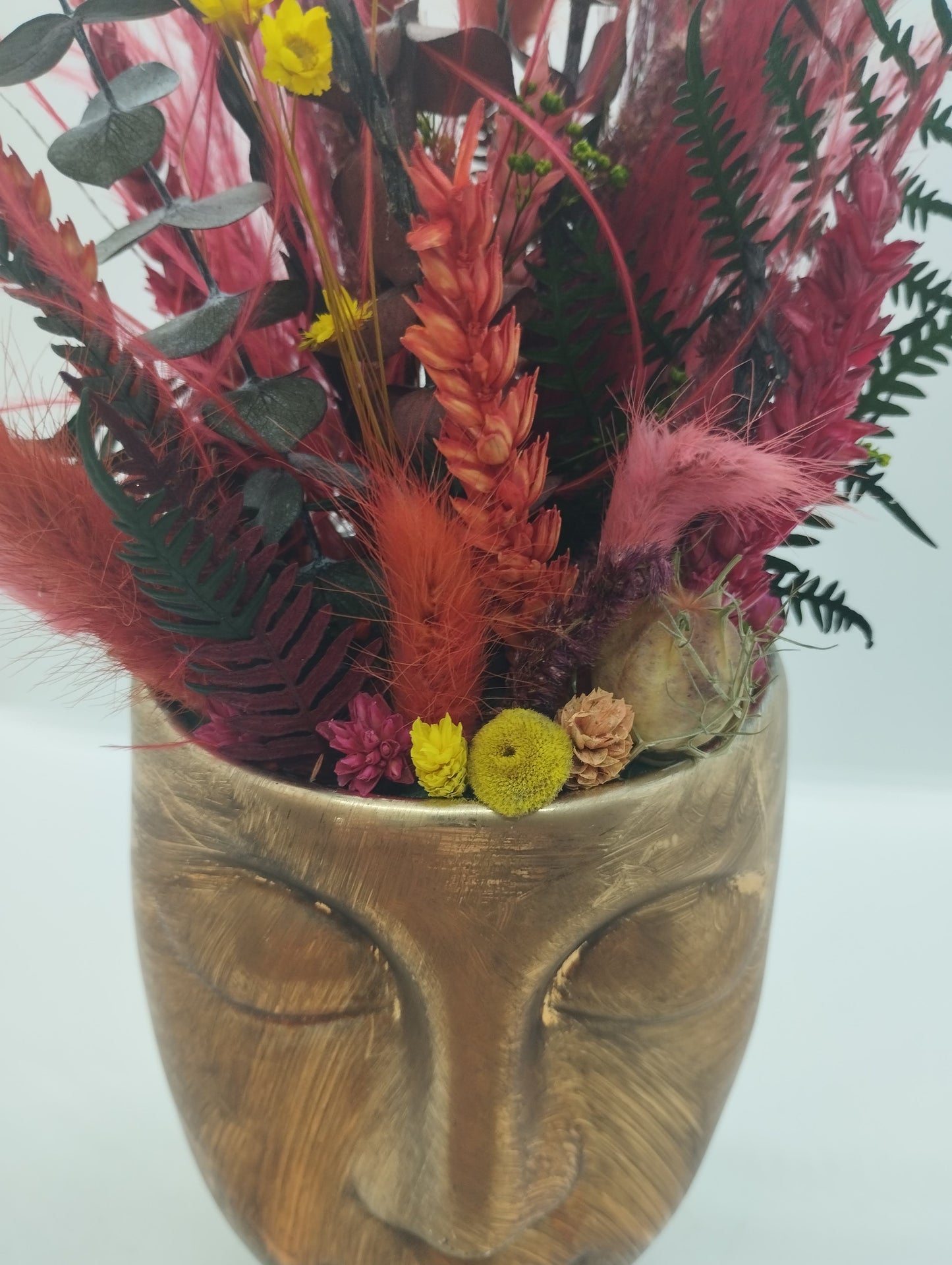 Plantenpotje met gezichtje & droogbloemetjes - Koper