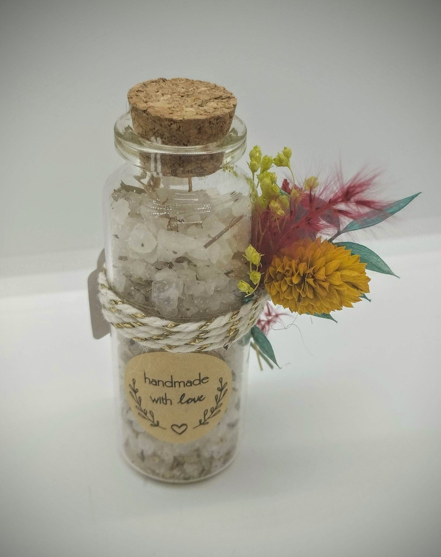 Wensflesje met Badzout & droogbloemen - Eucalyptus, citroengras & tijm