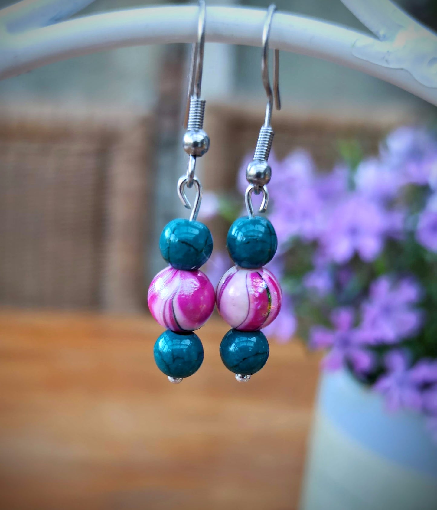 Oorbellenset trio Keramiek Petrol / Pink - hangertjes (RVS/Zilver)
