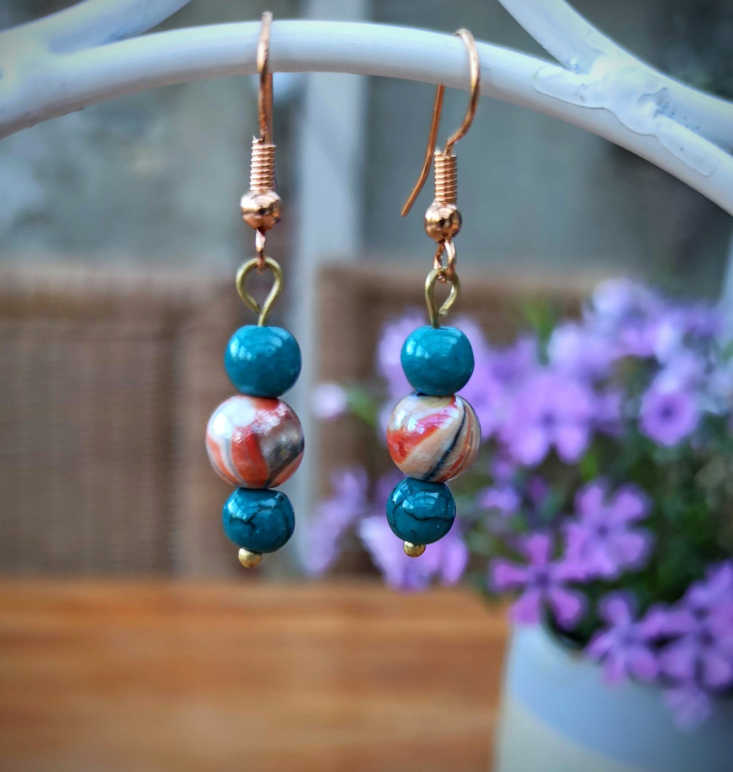 Oorbellenset trio Keramiek Petrol / Orange - hangertjes (Rosé/Goud)