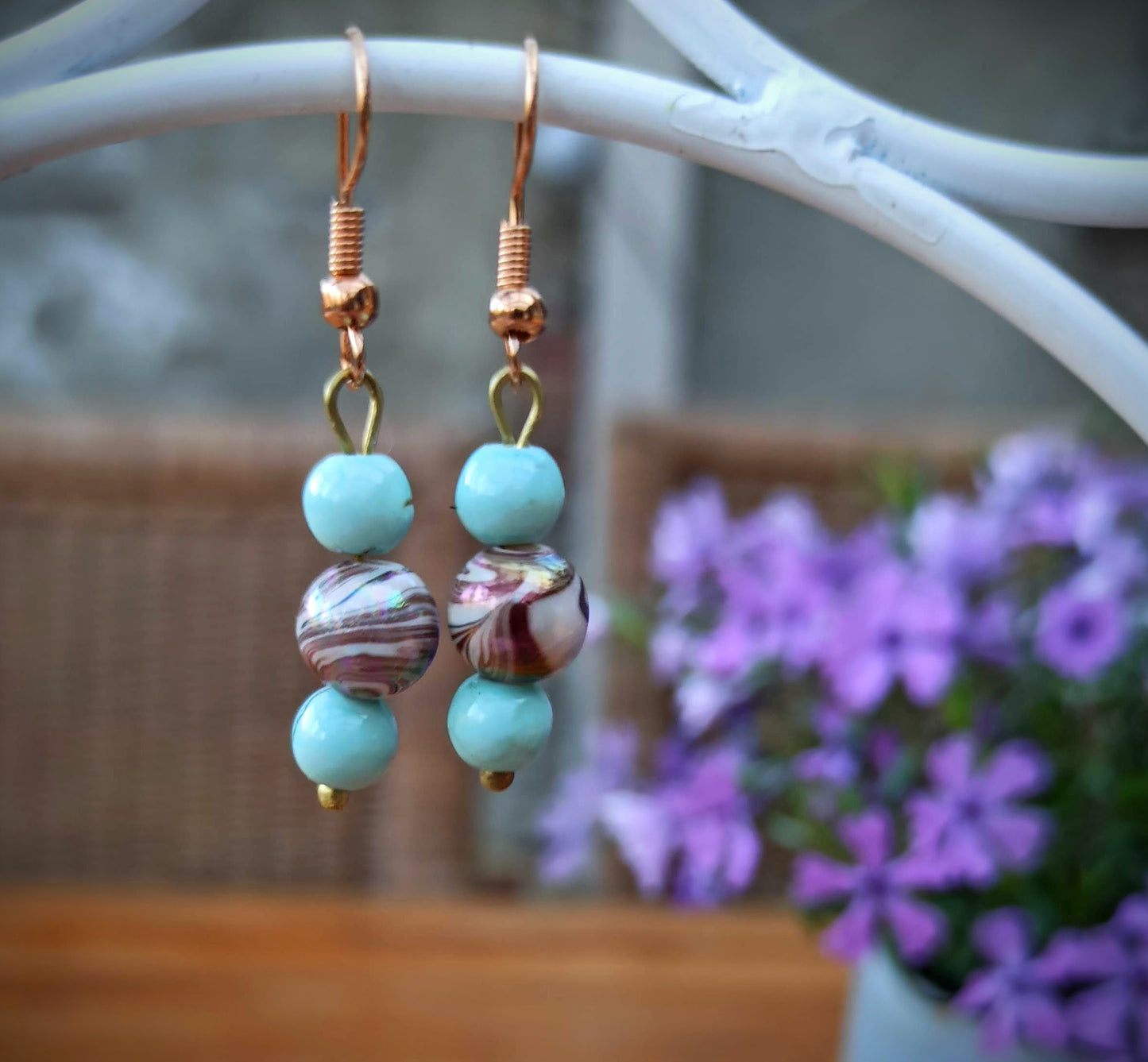Oorbellenset trio Keramiek Turquoise / Brown - hangertjes (Rosé/Goud)