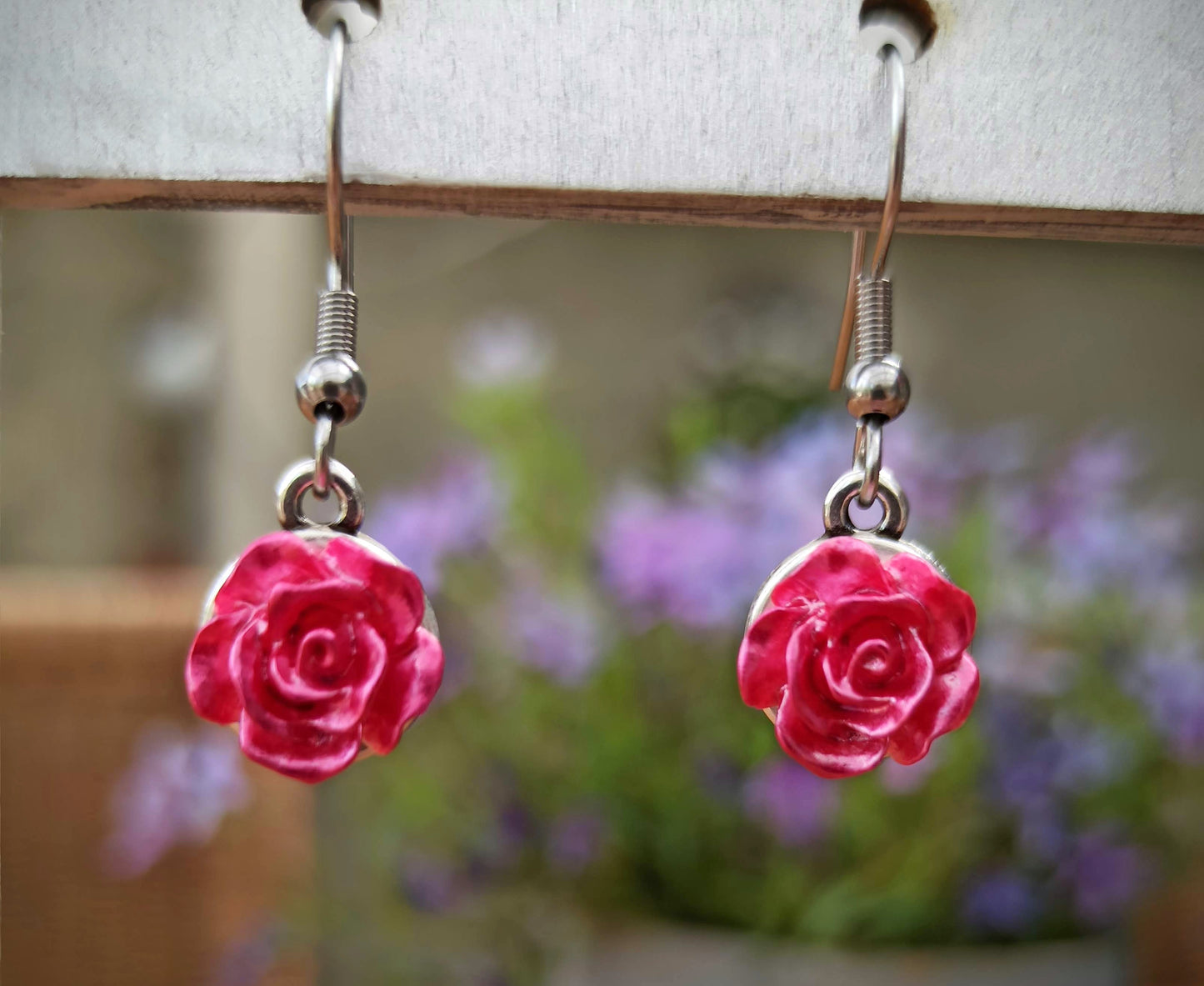 Oorbellenset Fuchsia Pearl Shine Roosjes - hangertjes (Zilver/RVS)