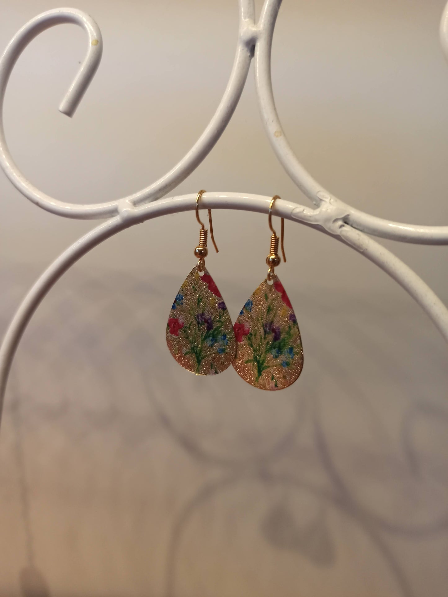 Oorbellenset - Painted Flowers - hangertjes (Goud)