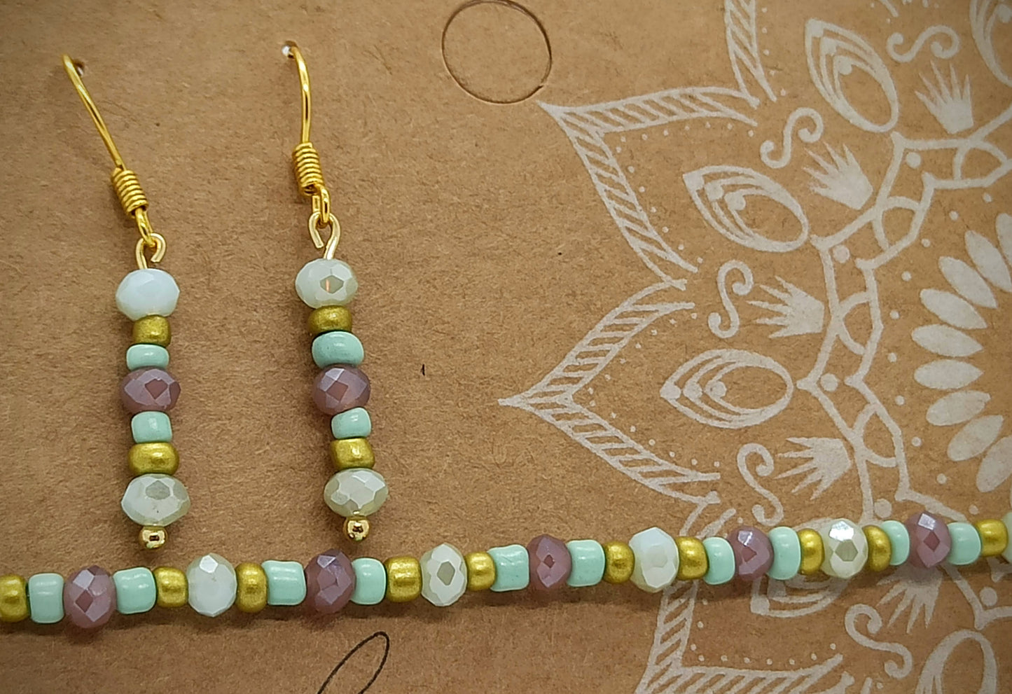Kralen Armbandje (Purple-Light Blue) met bijpassend oorbellensetje - hangertjes (Zilver/RVS)