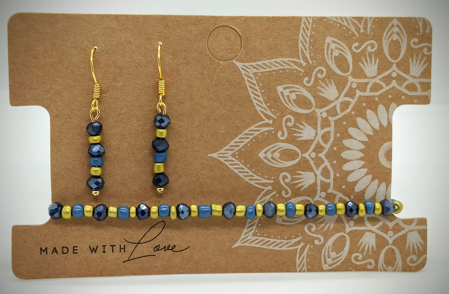 Kralen Armbandje (Dark Blue) met bijpassend oorbellensetje - hangertjes (Zilver/RVS)
