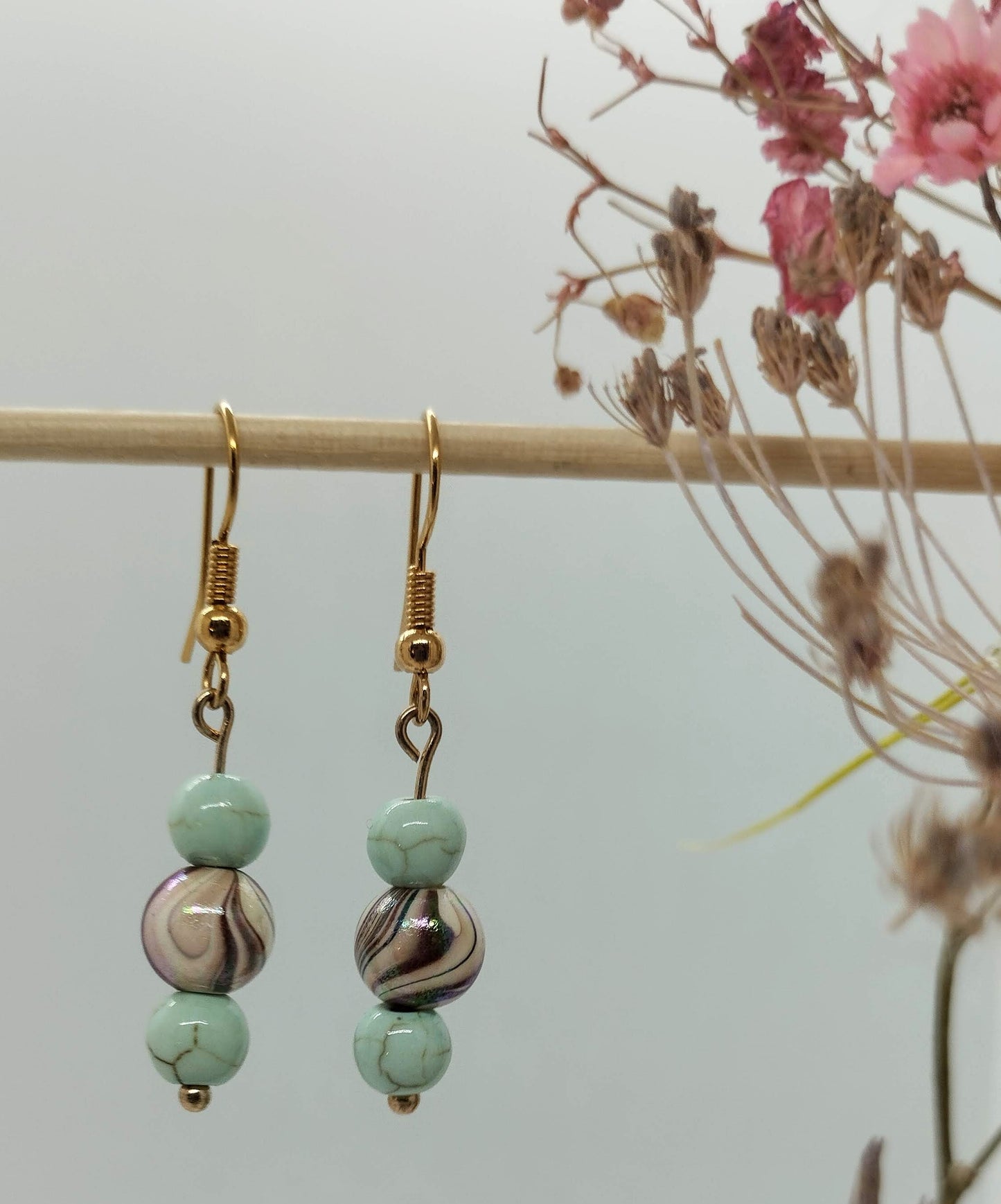 Oorbellenset trio Keramiek Turquoise / Brown - hangertjes (Rosé/Goud)