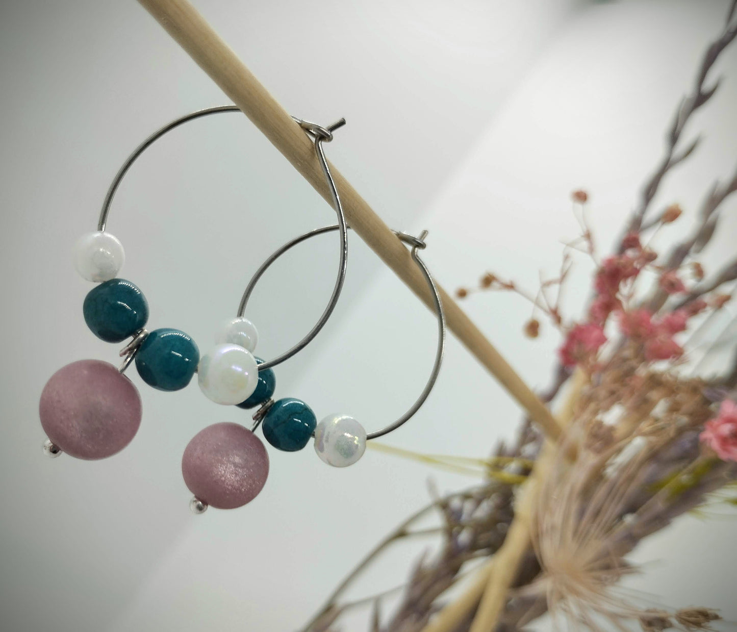 Oorbellenset Keramiek Petrol/white + Purple Orchid - rond (RVS/Zilver)