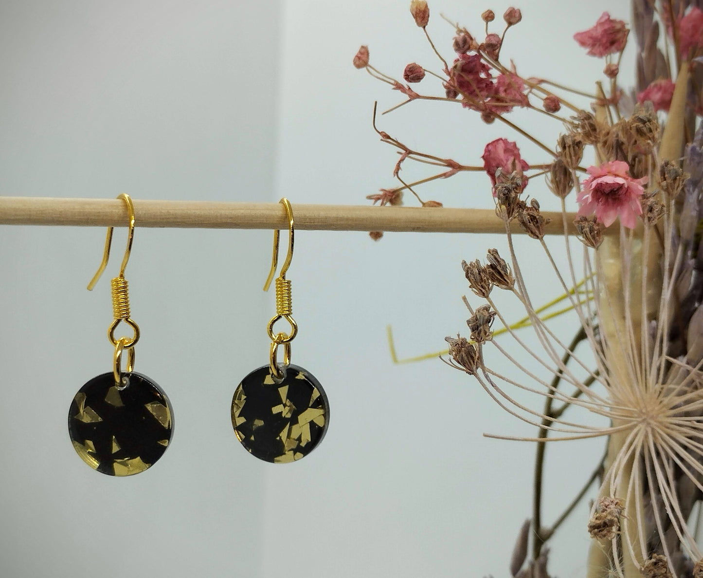 Oorbellenset Resin hangertjes Rond CHAMPAGNE-BLACK (Goud- Nikkelvrij)