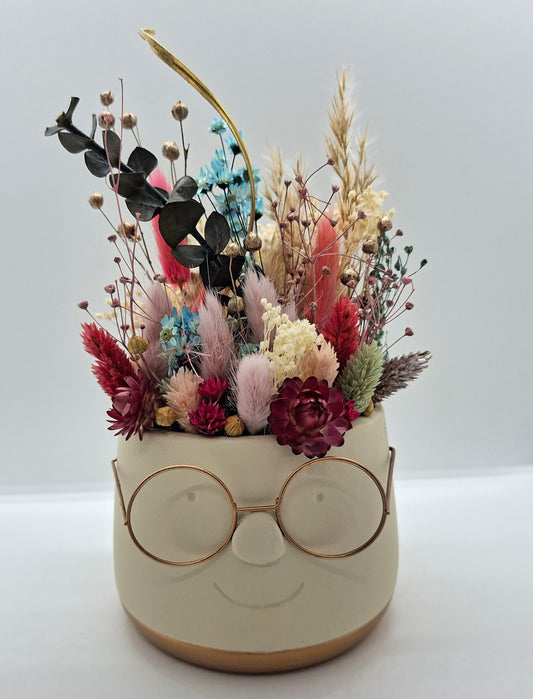 Plantenpotje met gezichtje & droogbloemetjes - Medium