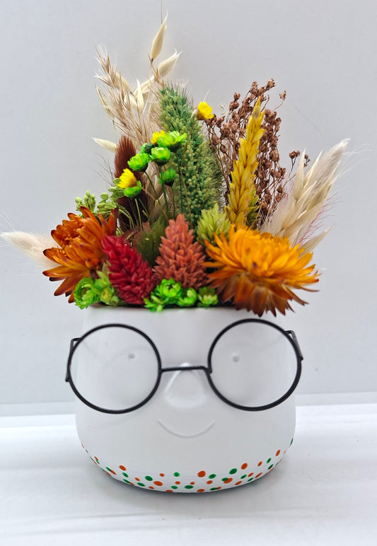 Plantenpotje met gezichtje & droogbloemetjes - Small