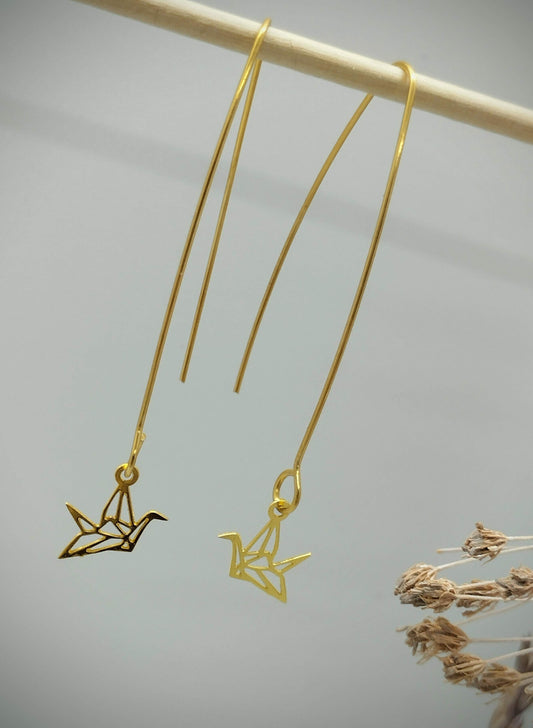 Oorbellenset - kleine origami vogeltjes - lange hangers/goud (nikkelvrij)