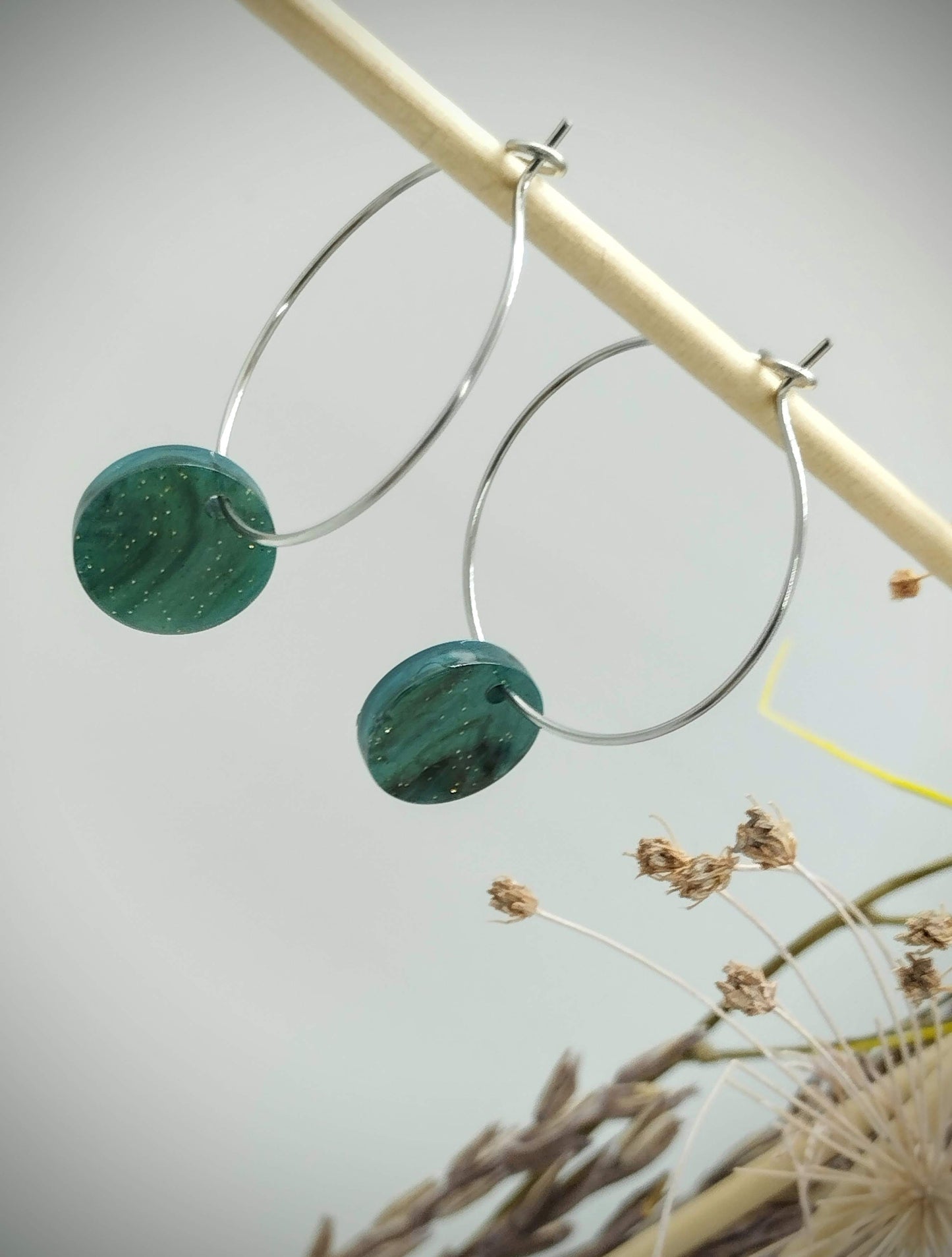 Oorbellenset Resin hangertjes Rond Ocean Green  (zilver - Nikkelvrij)