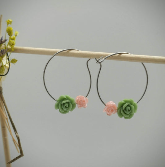 Oorbellenset bloemen - ronde Hangers (zilver - Nikkelvrij)