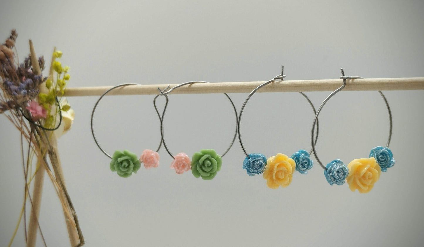 Oorbellenset bloemen - ronde Hangers (zilver - Nikkelvrij)