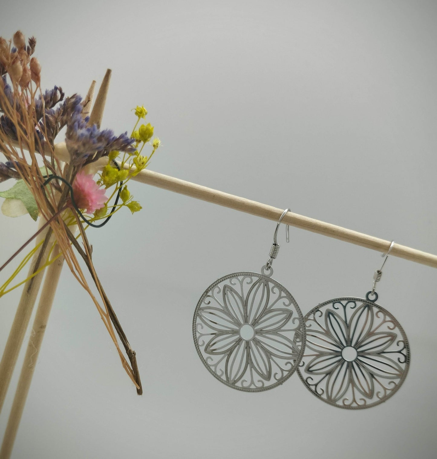 Oorbellenset hanger bloem (zilver /RVS)