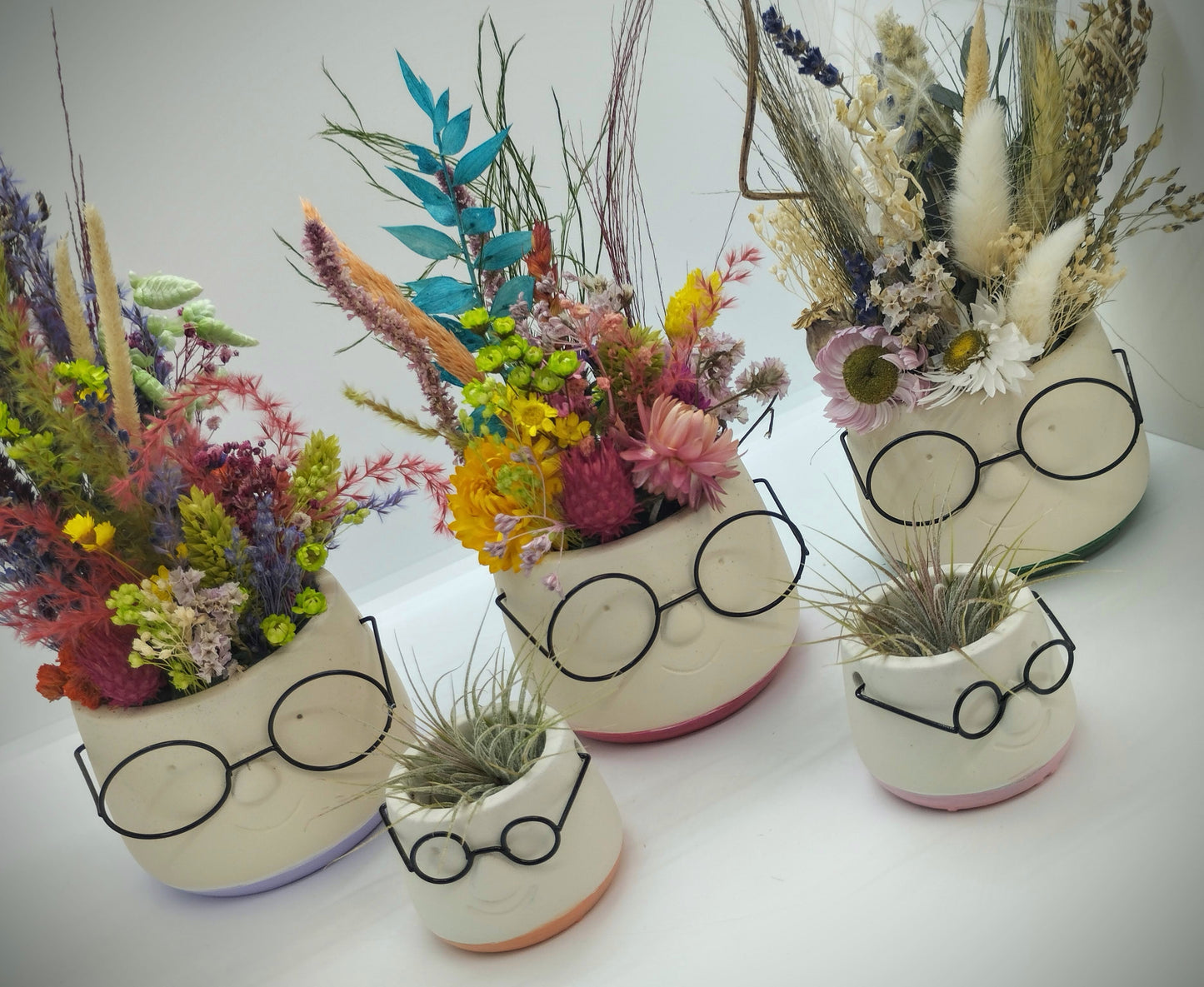 Combipakket : Plantenpotje met gezichtje + Decoratieve staander met droogbloemen