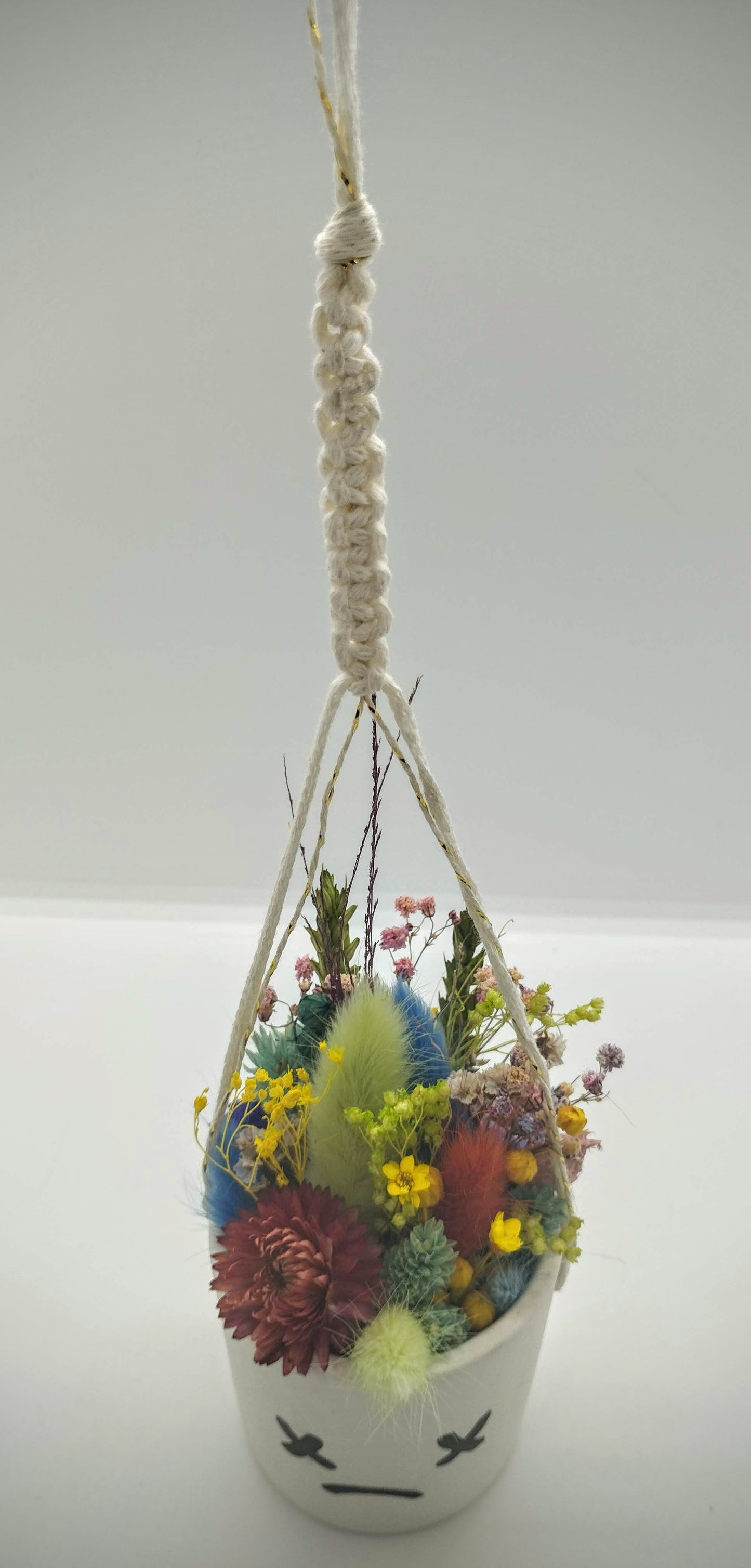Hangpotje met Funny Face :-), droogbloemetjes & Macramé
