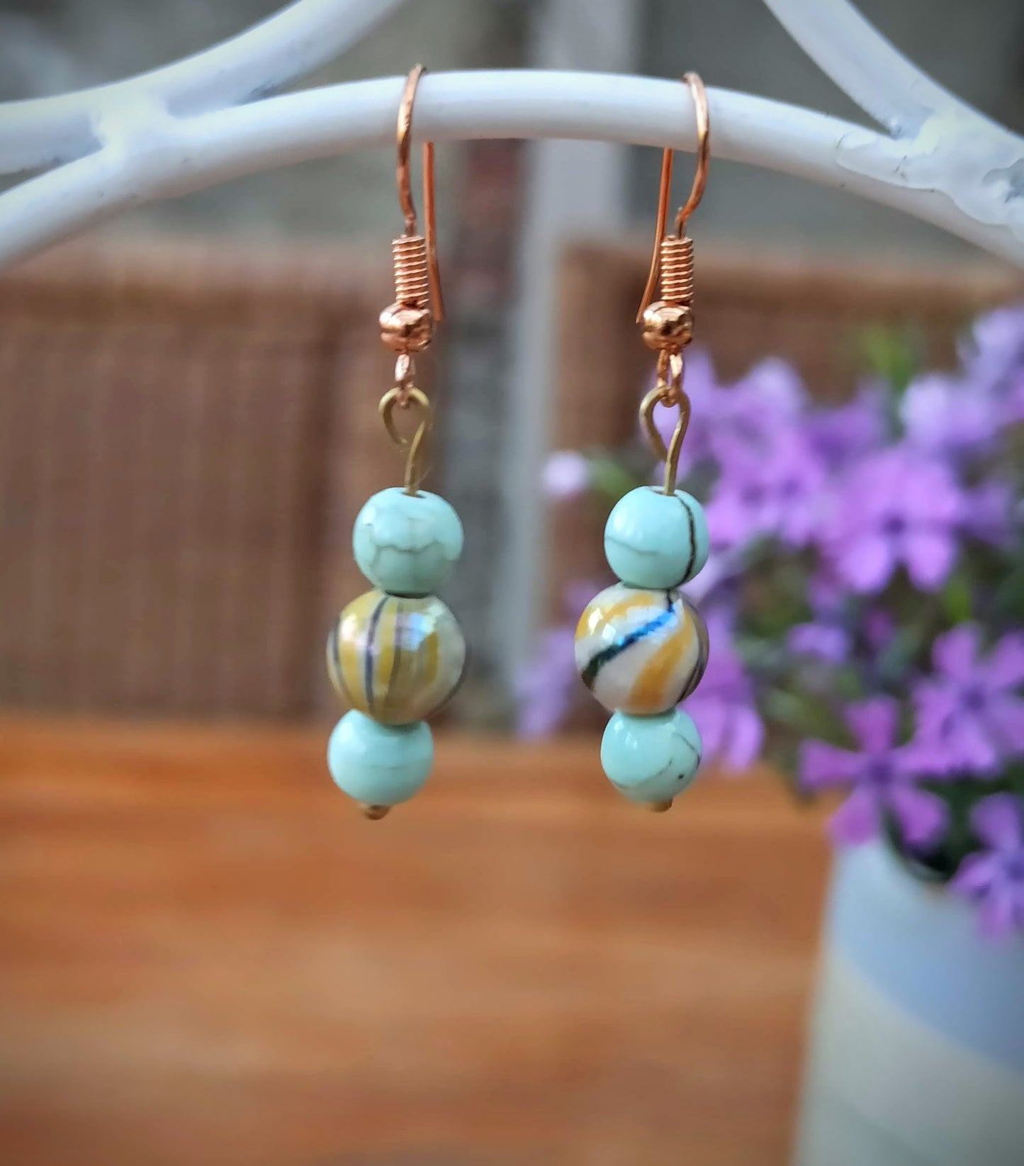 Oorbellenset trio Keramiek Turquoise / Yellow - hangertjes (Rosé/Goud)
