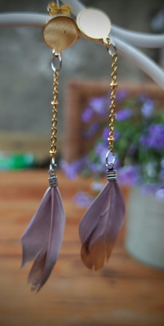 Oorbellenset Mauve Grey Feathers - hangertjes (Goud)