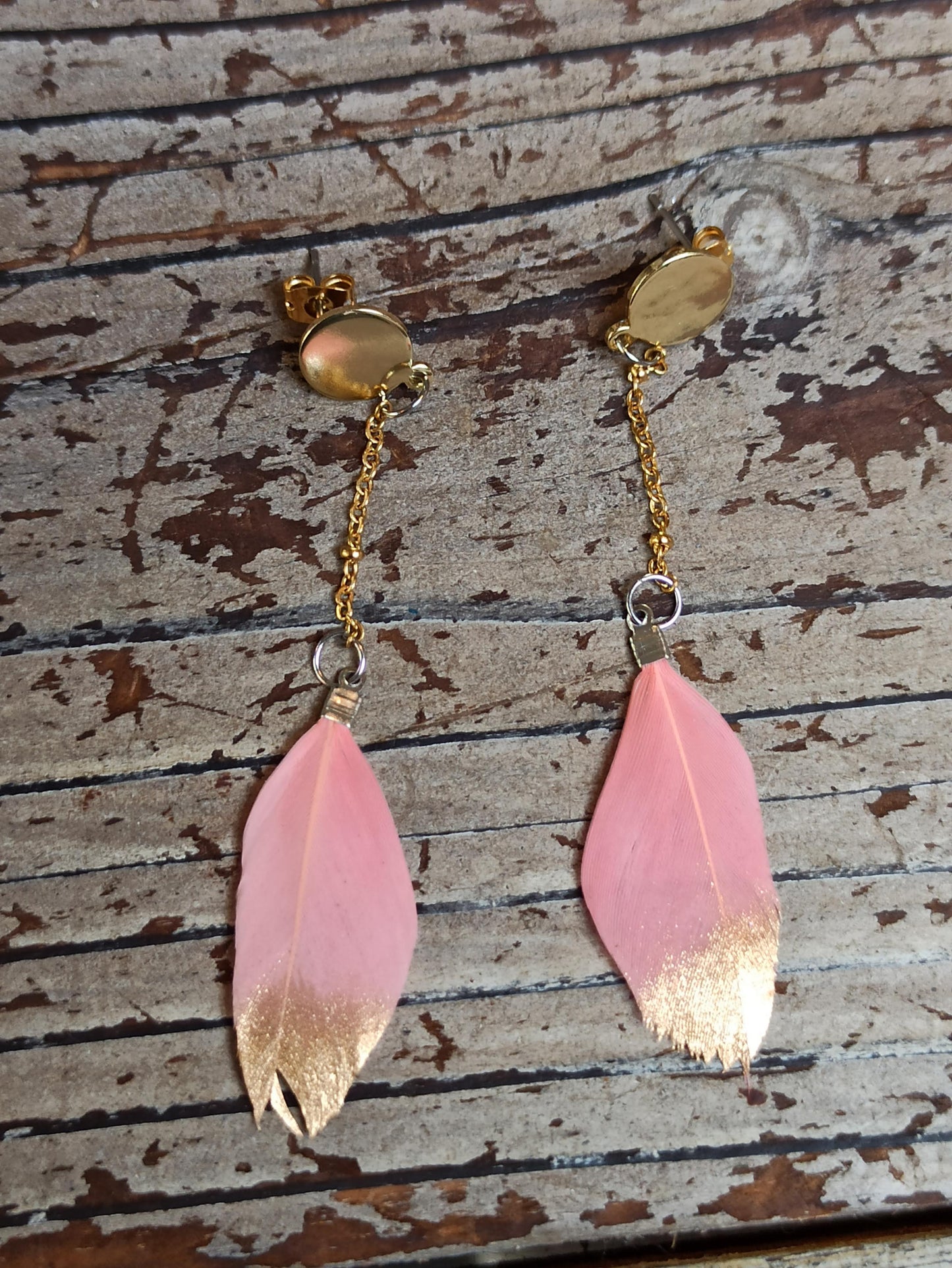 Oorbellenset Rose Pink Feathers - hangertjes (Goud)