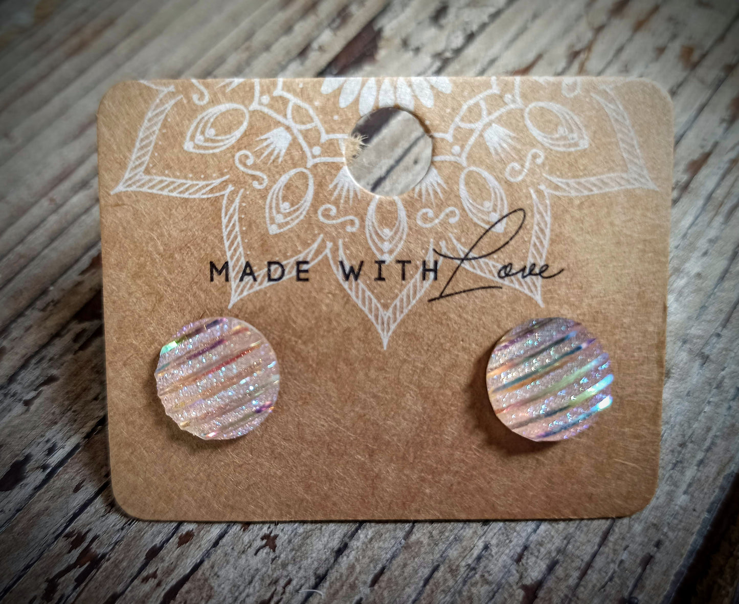 Oorbellenset - holographic stripe vintage pink 12mm / stekertjes (zilver/RVS)