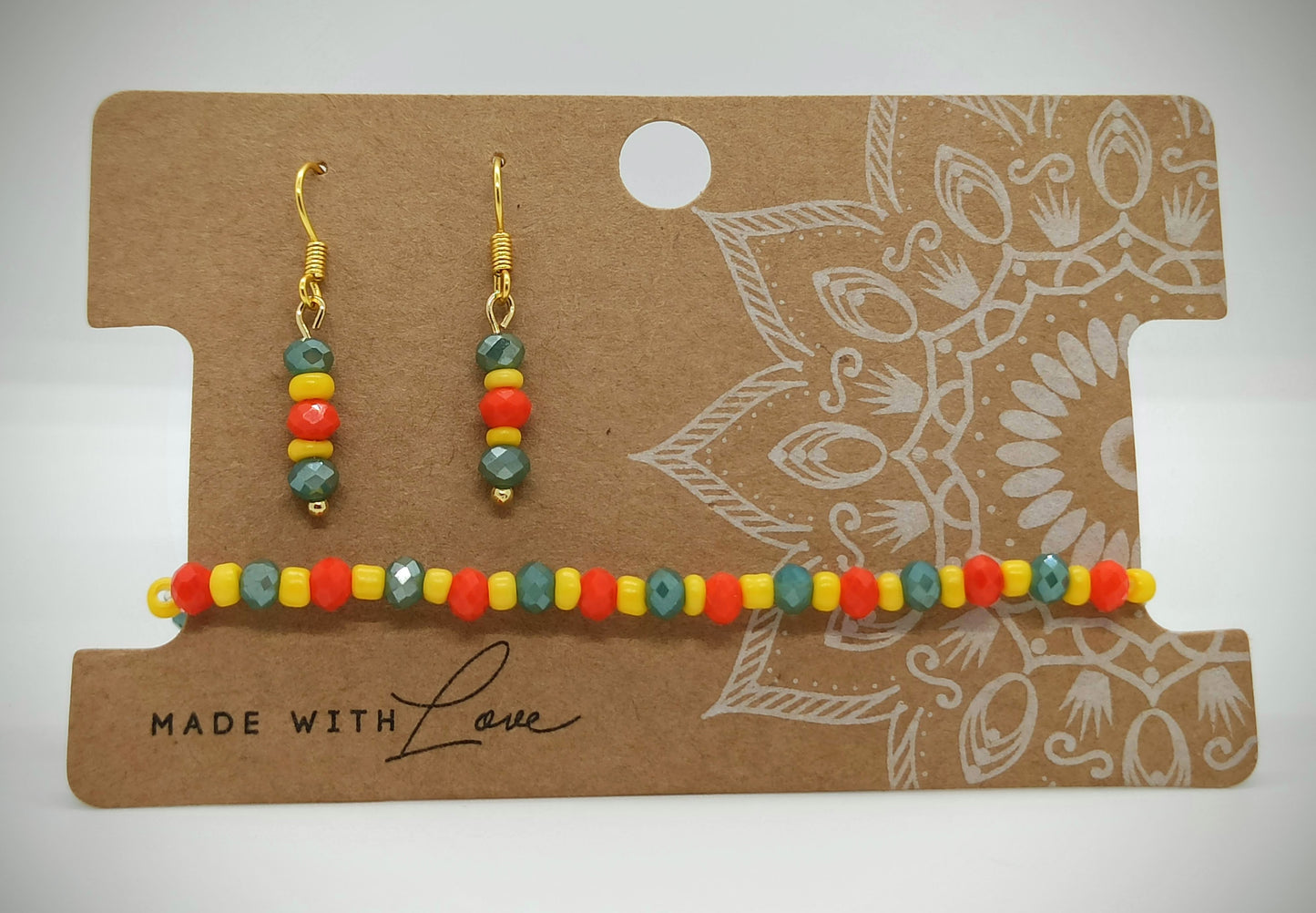 Kralen Armbandje (Orange-Green) met bijpassend oorbellensetje - hangertjes (Zilver/RVS)