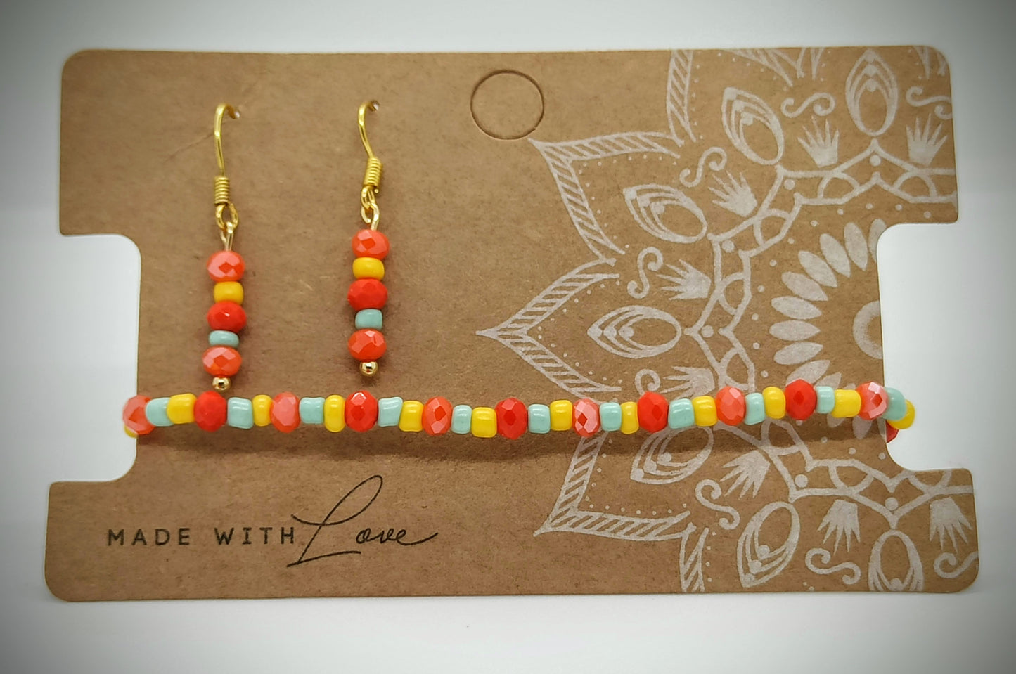 Kralen Armbandje (Orange) met bijpassend oorbellensetje - hangertjes (Zilver/RVS)
