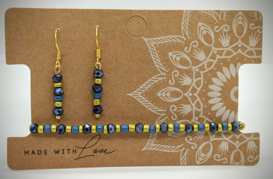 Kralen Armbandje (Dark Blue) met bijpassend oorbellensetje - hangertjes (Zilver/RVS)