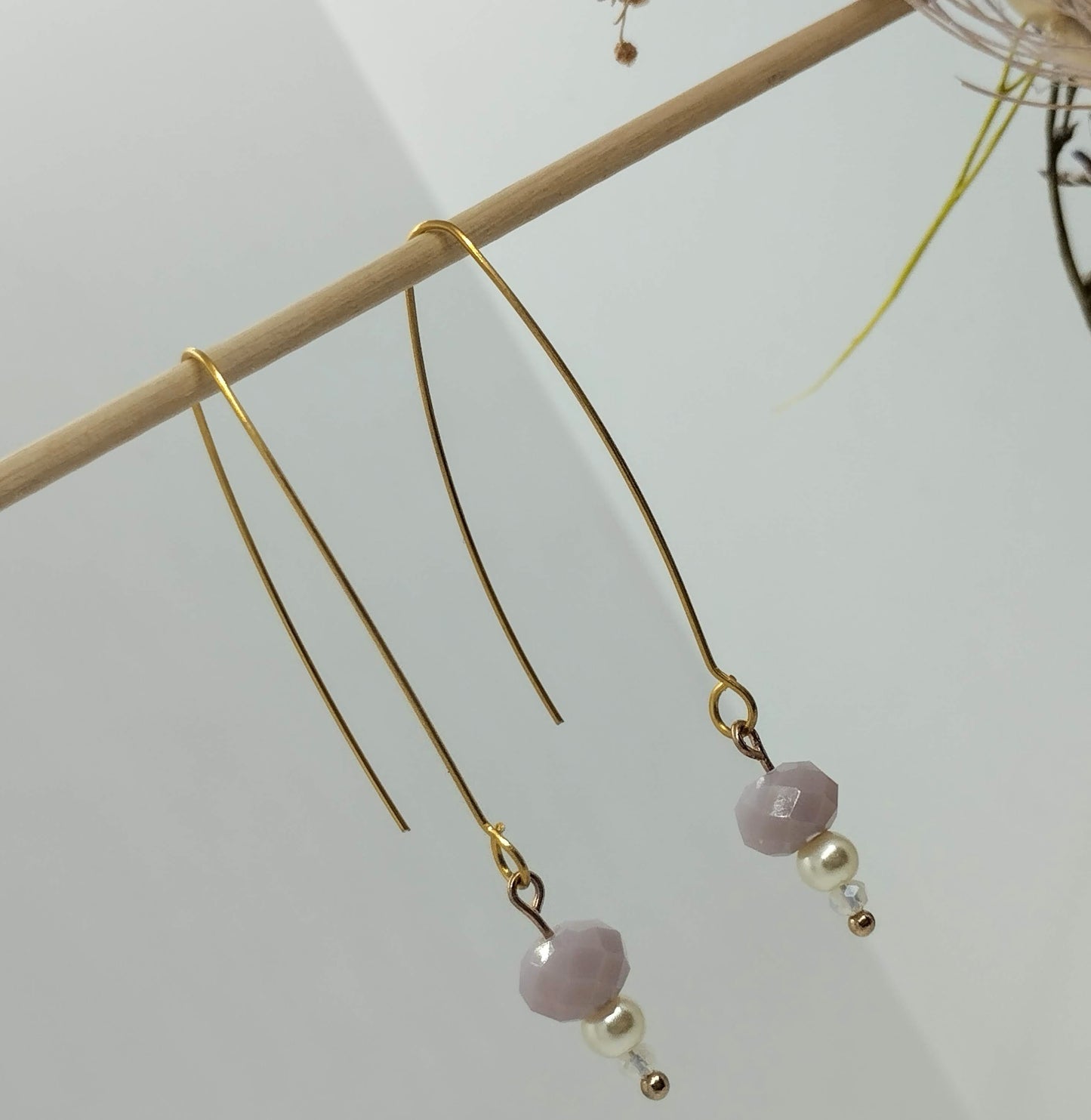 Oorbellenset Shiny Facet kraaltje pastel Purple & pearl - Hanger (Gold - Nikkelvrij)