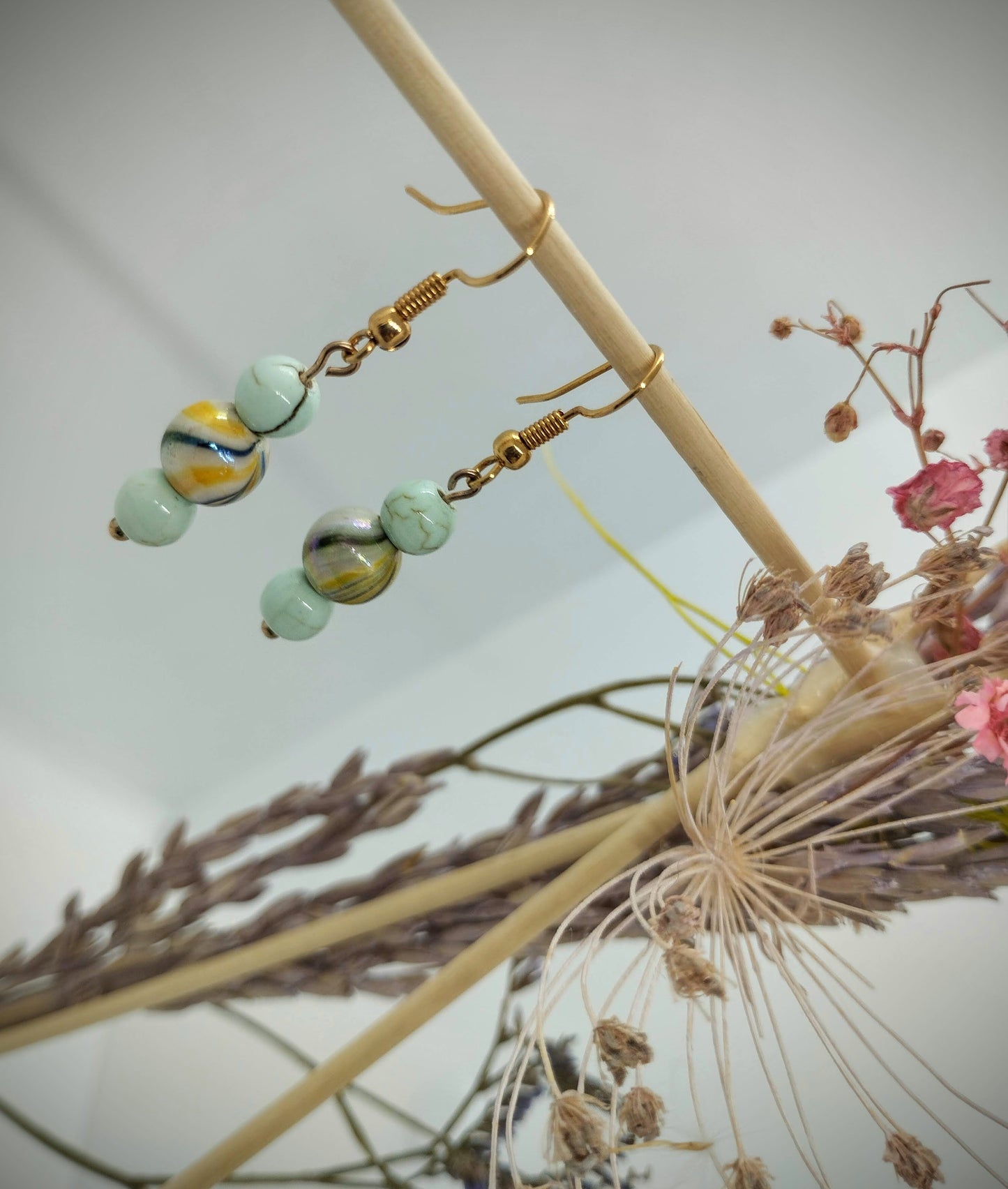 Oorbellenset trio Keramiek Turquoise / Yellow - hangertjes (Rosé/Goud)