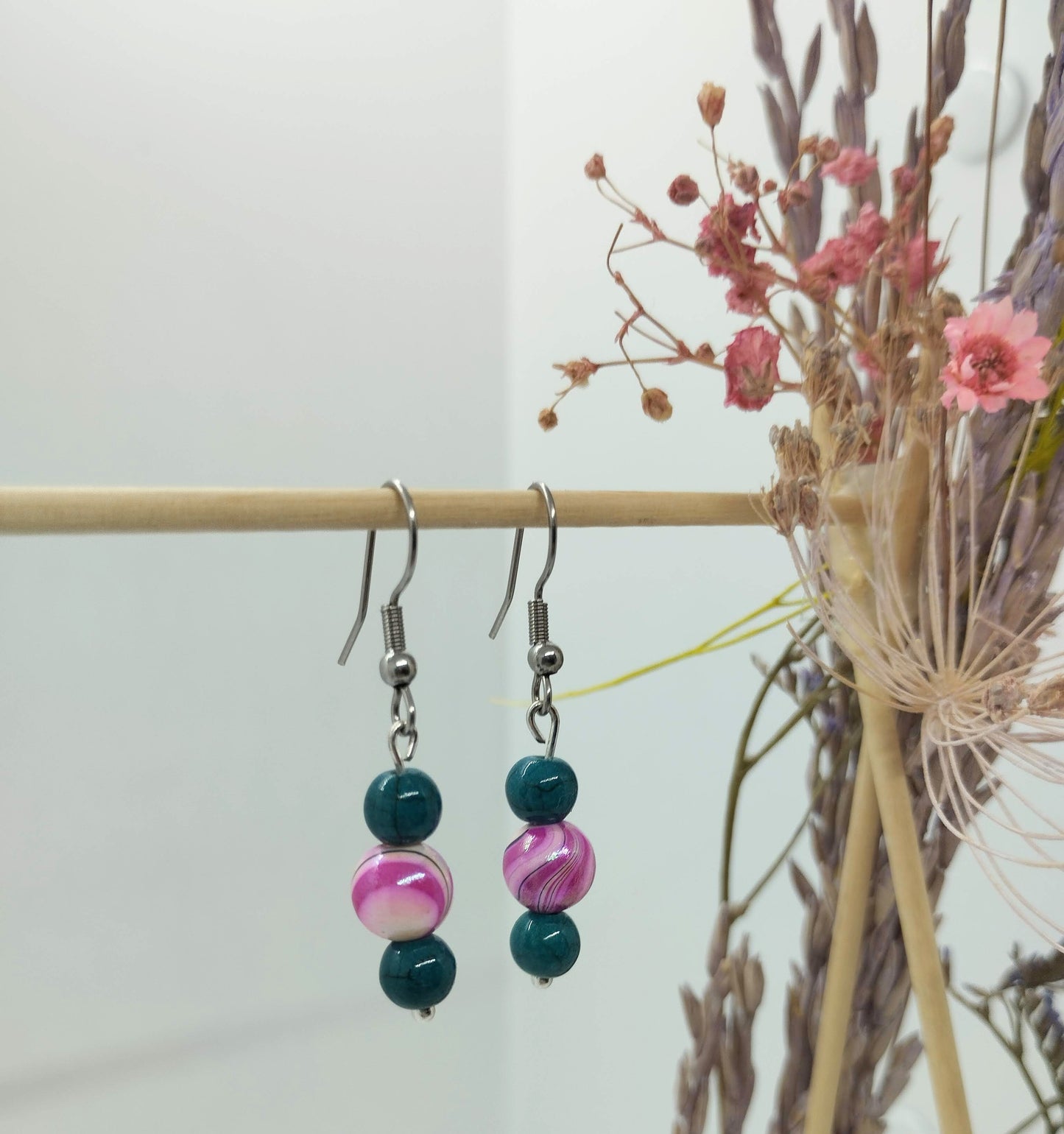 Oorbellenset trio Keramiek Petrol / Pink - hangertjes (RVS/Zilver)