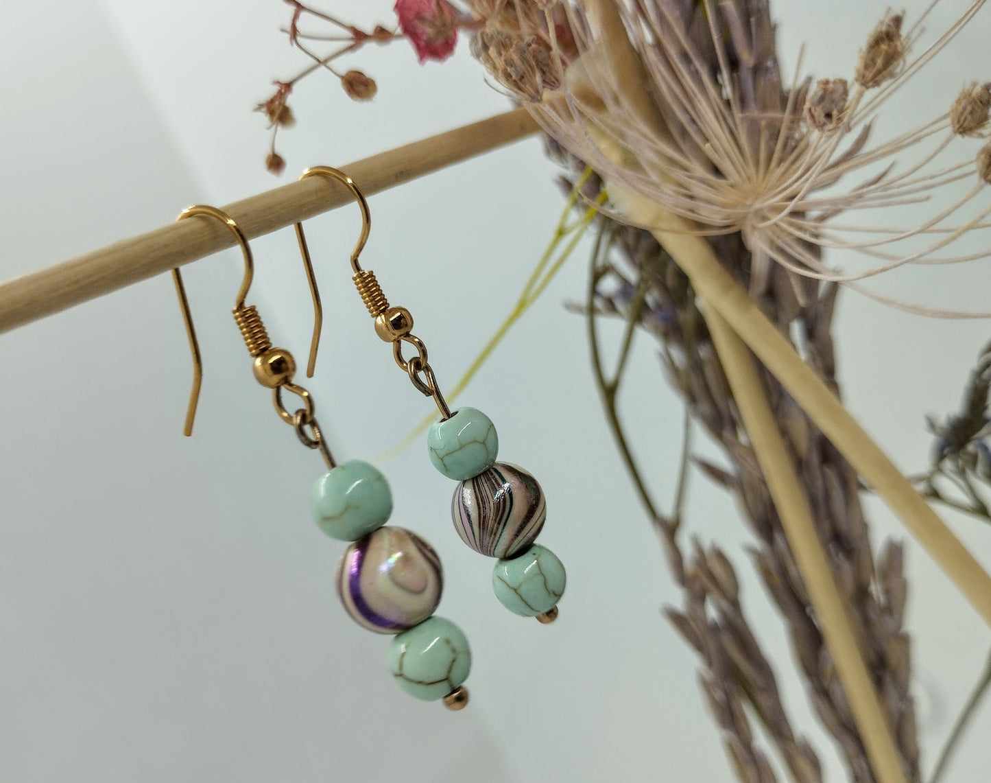 Oorbellenset trio Keramiek Turquoise / Brown - hangertjes (Rosé/Goud)