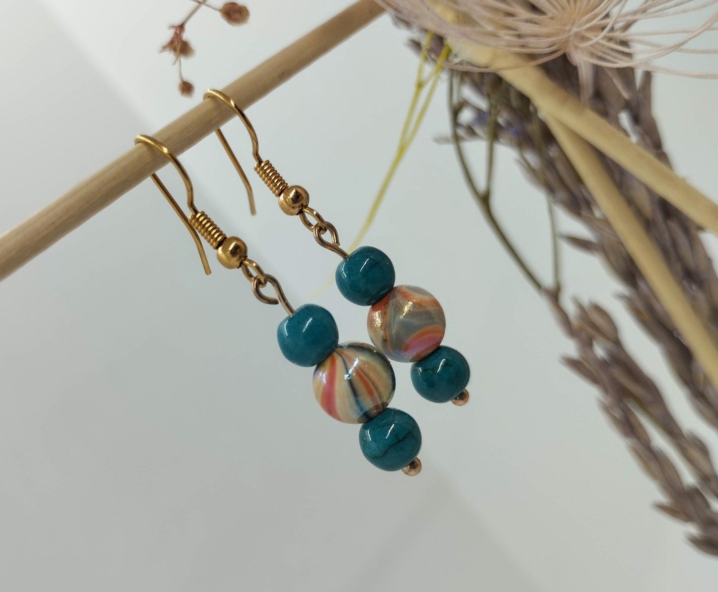 Oorbellenset trio Keramiek Petrol / Orange - hangertjes (Rosé/Goud)